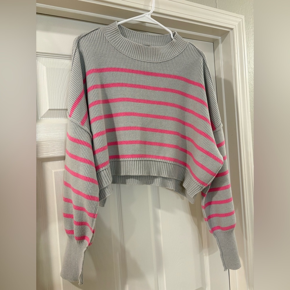 Free People Striped Gray Pink Women's Cropped Oversized Sweater Chunky Knit Med
